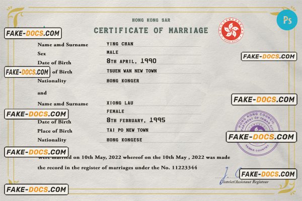 Hong-Kong marriage certificate PSD template, completely editable scan