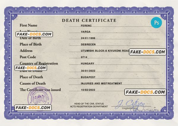 Hungary vital record death certificate PSD template scan