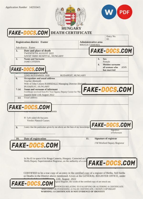 Hungary vital record death certificate Word and PDF template scan