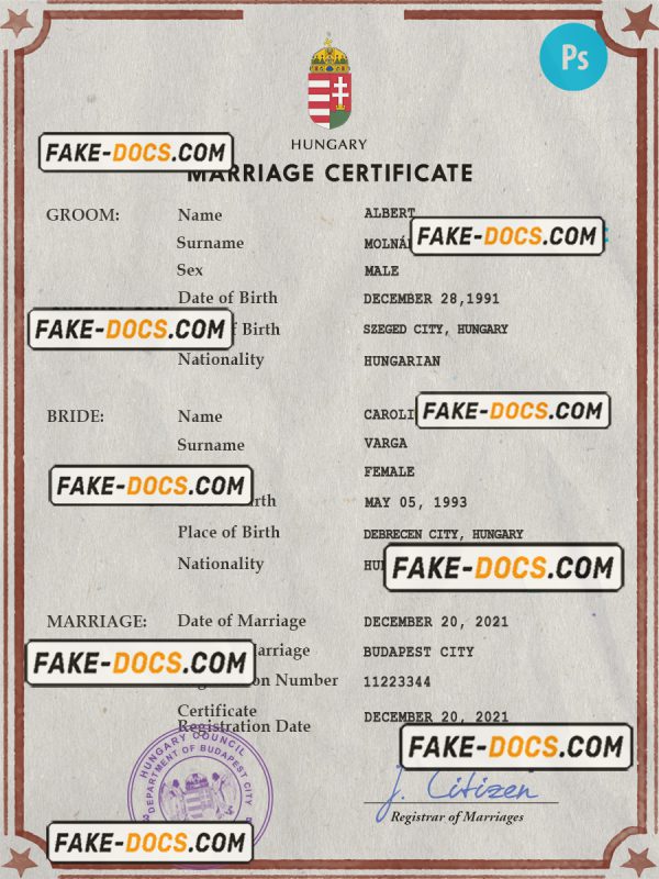 Hungary marriage certificate PSD template, fully editable scan