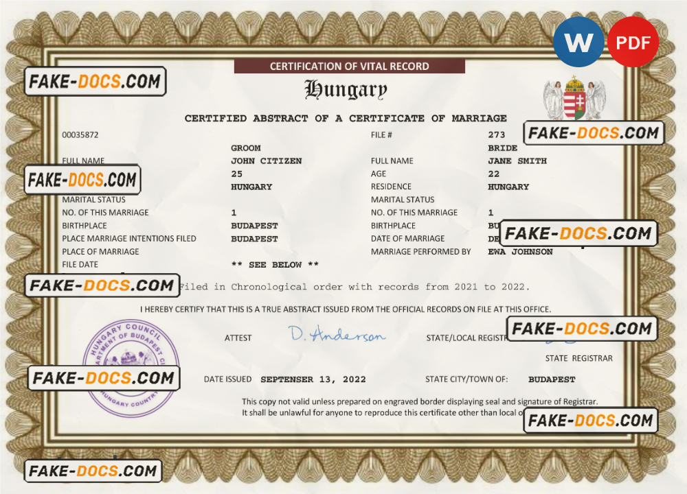 Hungary marriage certificate Word and PDF template, fully editable scan