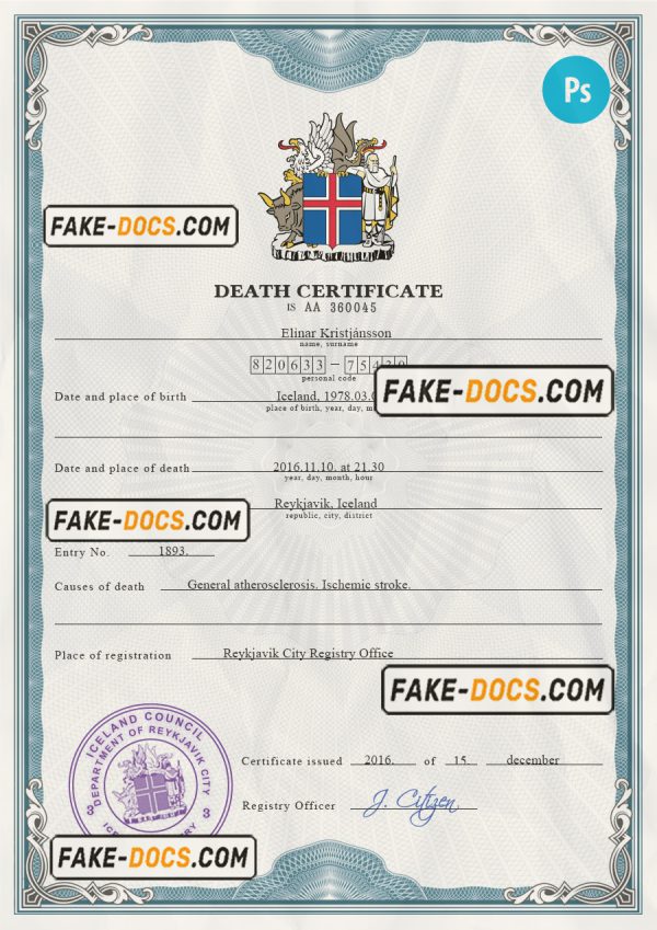 Iceland vital record death certificate PSD template, completely editable scan