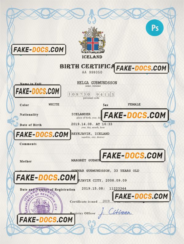 Iceland vital record birth certificate PSD template, fully editable scan