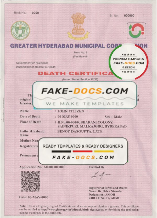 India death certificate template in PSD format, fully editable scan