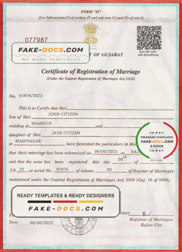 India Government of Gujarat marriage certificate template in PSD format scan