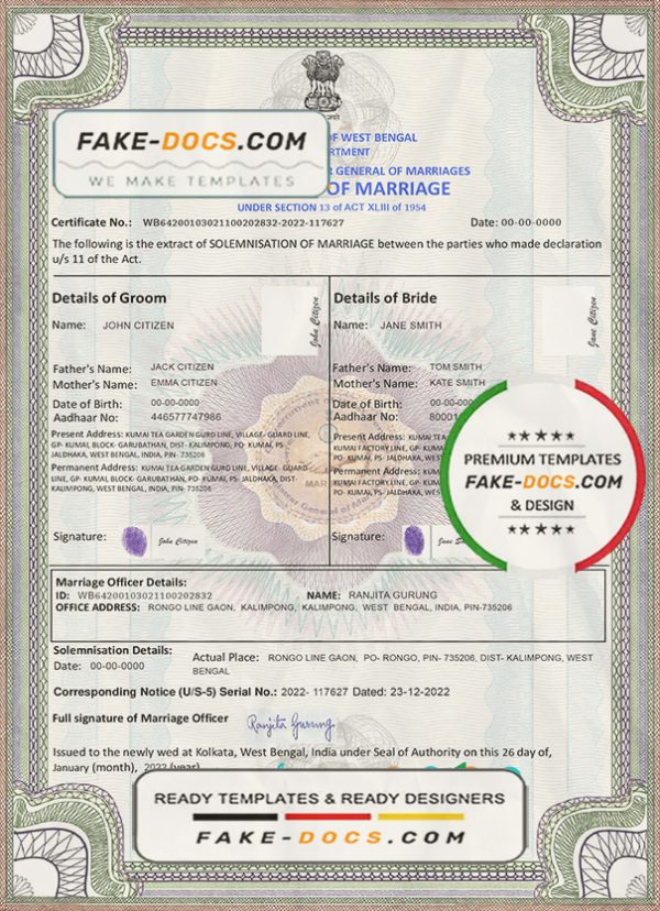 India marriage certificate template in PSD format, fully editable scan
