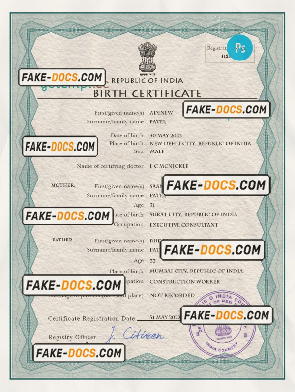India vital record birth certificate PSD template scan