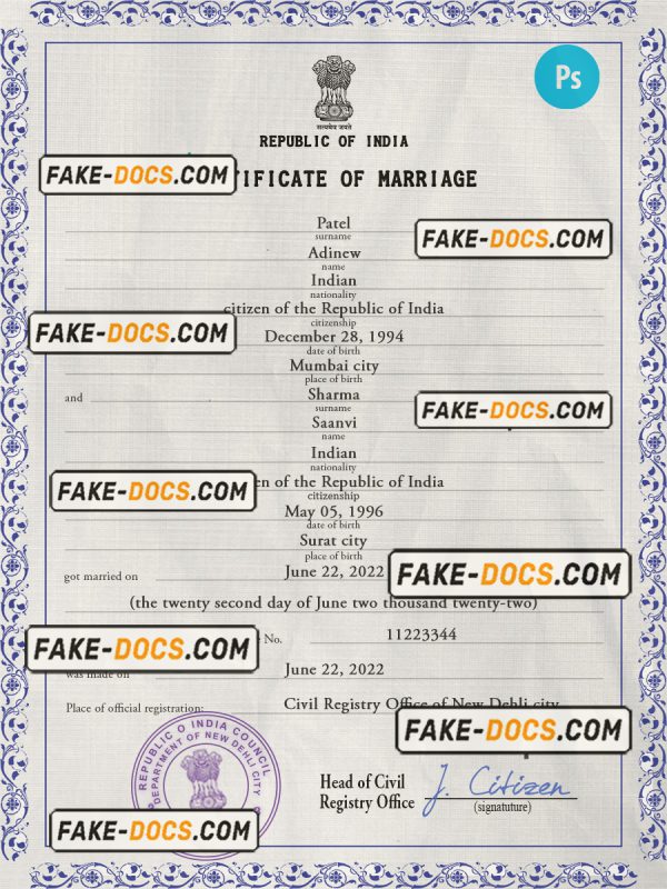 India marriage certificate PSD template, fully editable scan