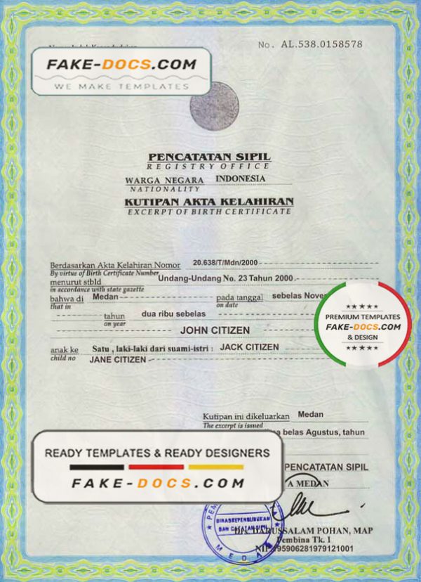 Indonesia birth certificate template in PSD format, fully editable scan