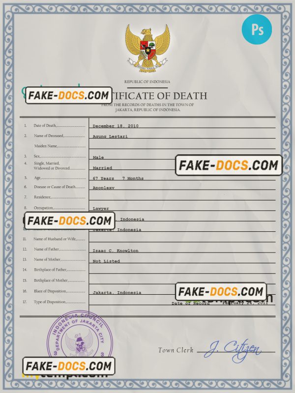 Indonesia vital record death certificate PSD template, fully editable scan