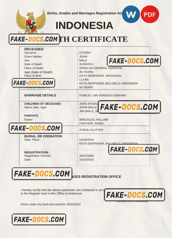 Indonesia vital record death certificate Word and PDF template scan
