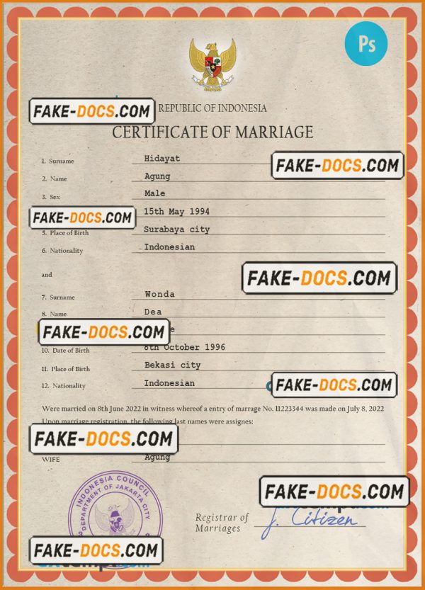 Indonesia marriage certificate PSD template, completely editable scan