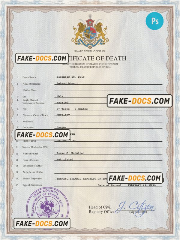 Iran death certificate PSD template, completely editable scan