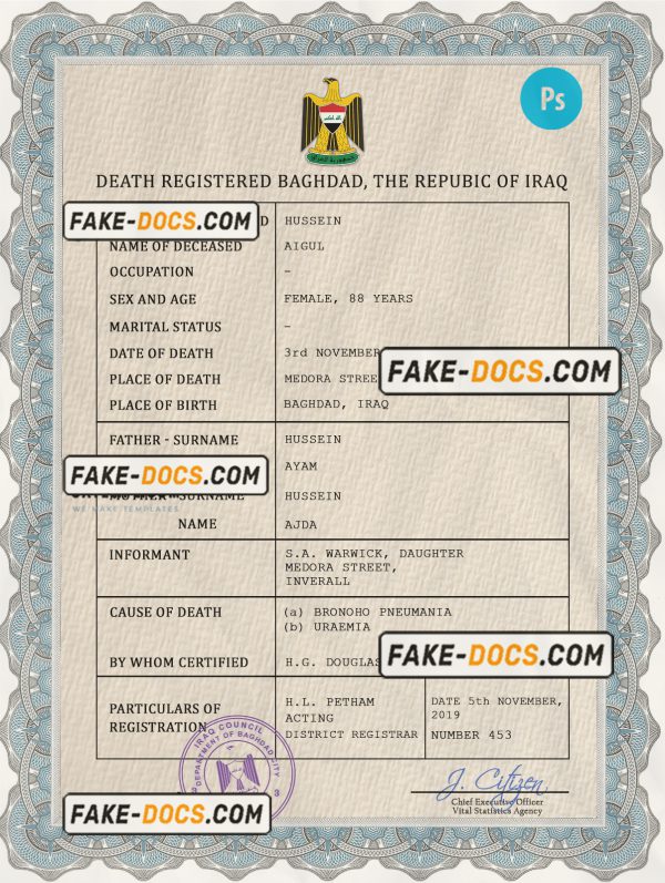 Iraq vital record death certificate PSD template scan