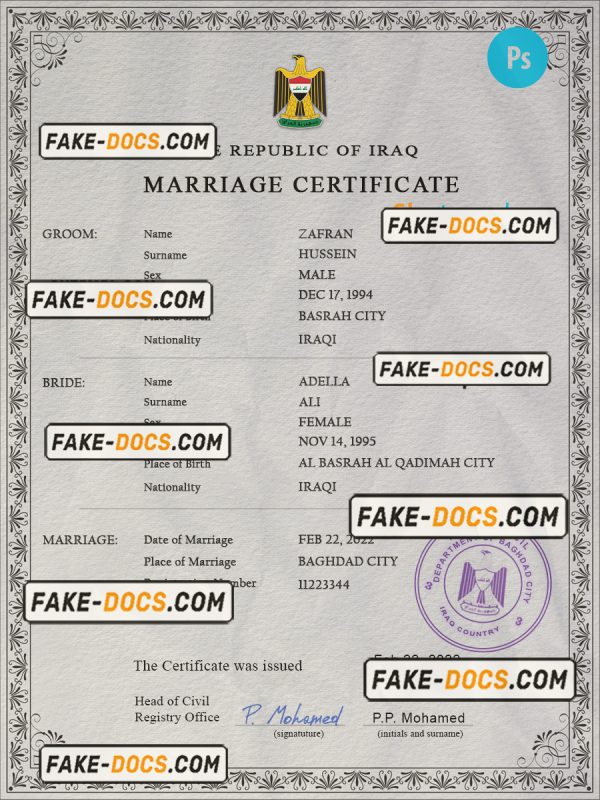 Iraq marriage certificate PSD template, completely editable scan