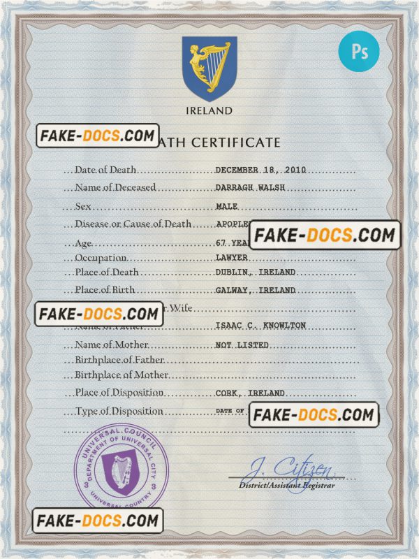 Ireland vital record death certificate PSD template, completely editable scan