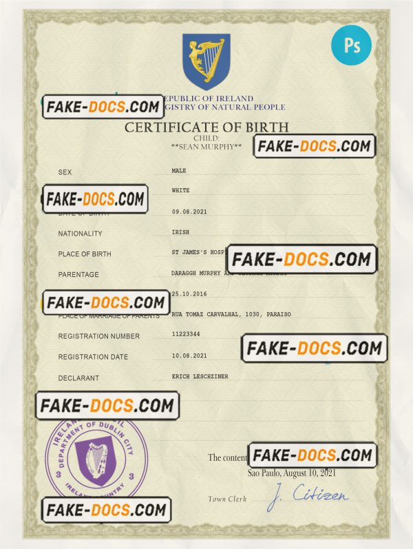 Ireland vital record birth certificate PSD template scan