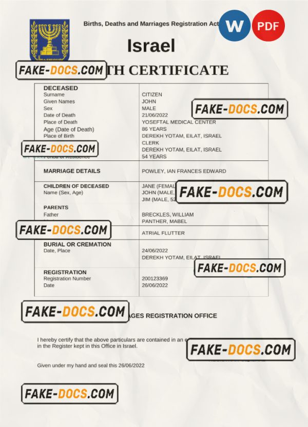 Israel death certificate Word and PDF template, completely editable scan