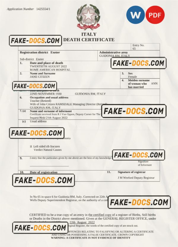 Italy vital record death certificate Word and PDF template scan