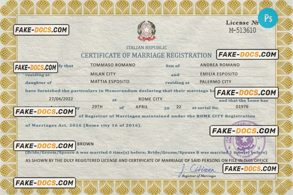 Italy marriage certificate PSD template, fully editable scan