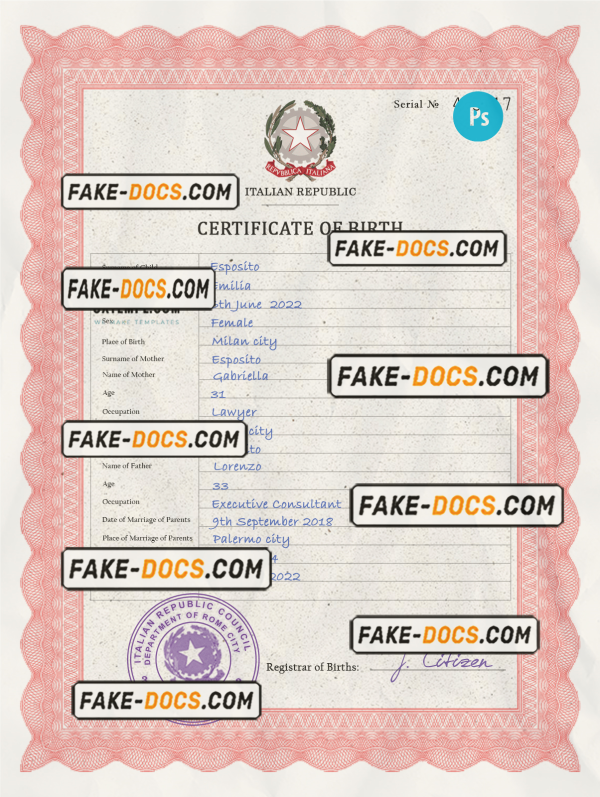 Italy birth certificate PSD template, completely editable scan