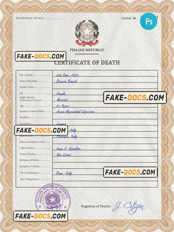 Italy vital record death certificate PSD template, fully editable scan