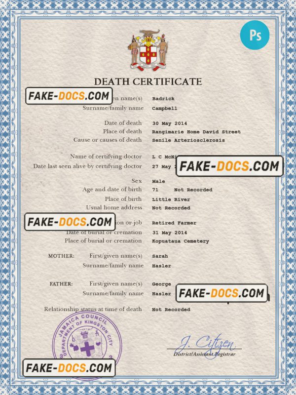 Jamaica death certificate PSD template, completely editable scan