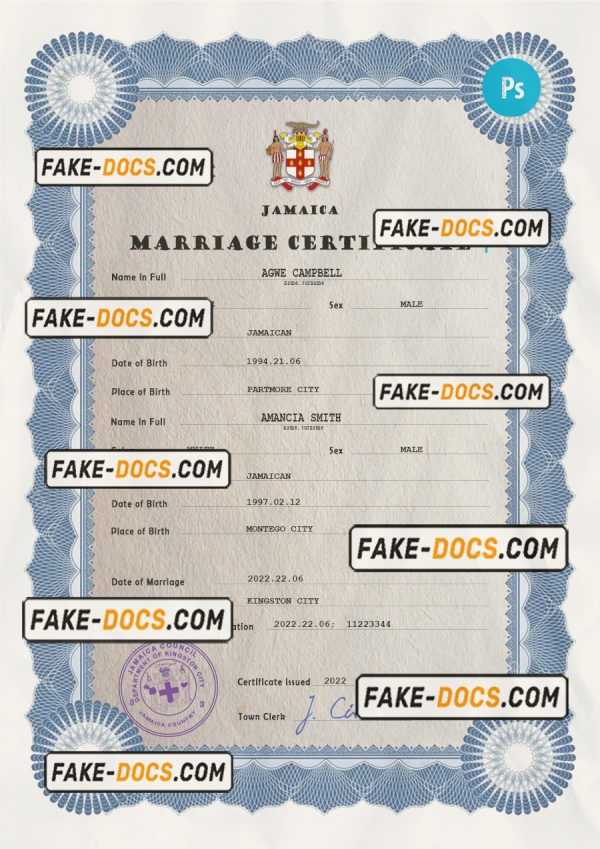 Jamaica marriage certificate PSD template, completely editable