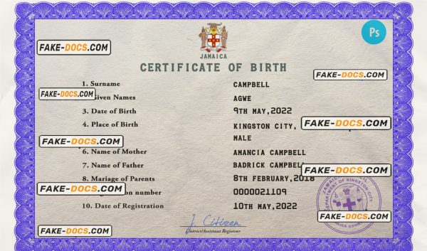 Jamaica vital record birth certificate PSD template, fully editable scan