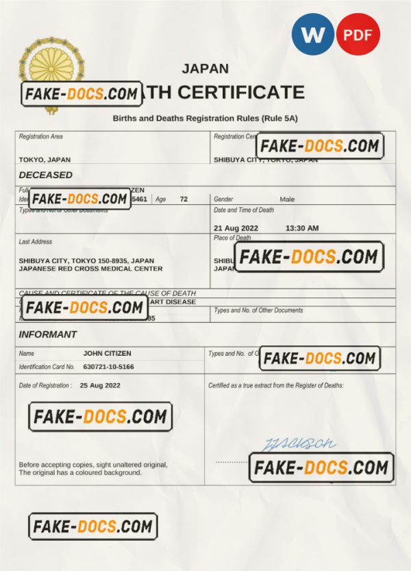 Japan death certificate Word and PDF template, completely editable scan
