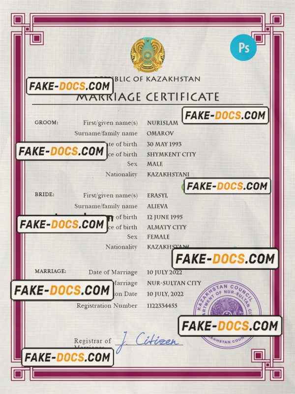 Kazakhstan marriage certificate PSD template, fully editable scan