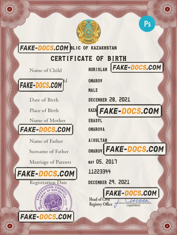 Kazakhstan birth certificate PSD template, completely editable scan