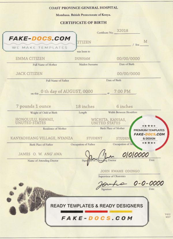 Kenya birth certificate template in PSD format, fully editable scan