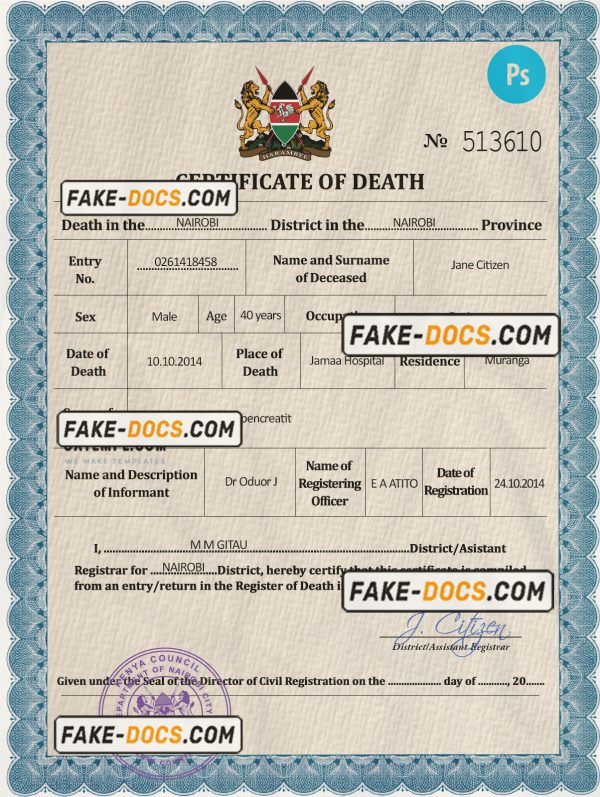 Kenya vital record death certificate PSD template, fully editable scan