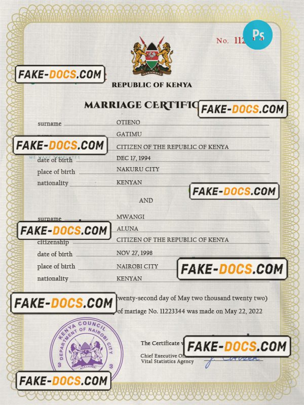 Kenya marriage certificate PSD template, completely editable scan