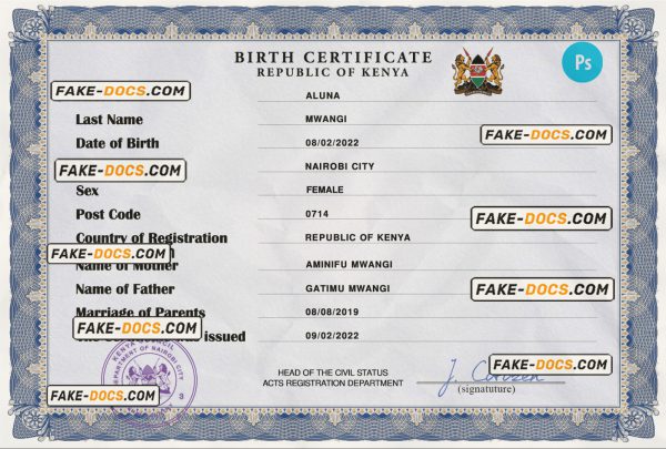 Kenya vital record birth certificate PSD template, fully editable scan
