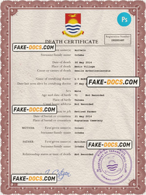 Kiribati death certificate PSD template, completely editable scan