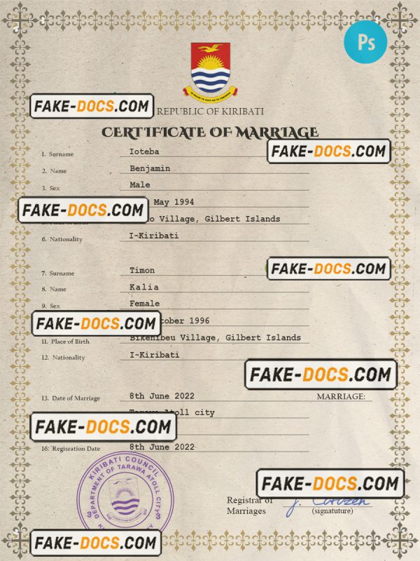 Kiribati marriage certificate PSD template, fully editable scan
