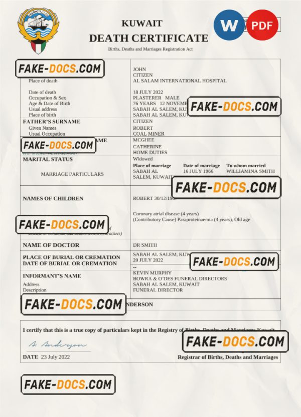 Kuwait death certificate Word and PDF template, completely editable scan