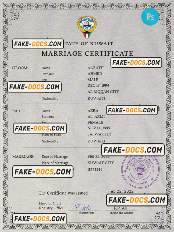 Kuwait marriage certificate PSD template, completely editable scan