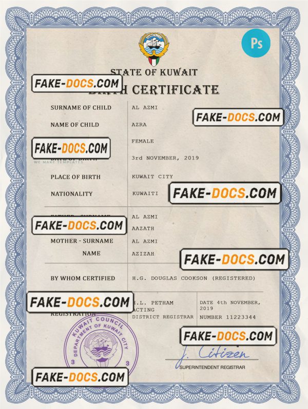 Kuwait vital record birth certificate PSD template, completely editable scan