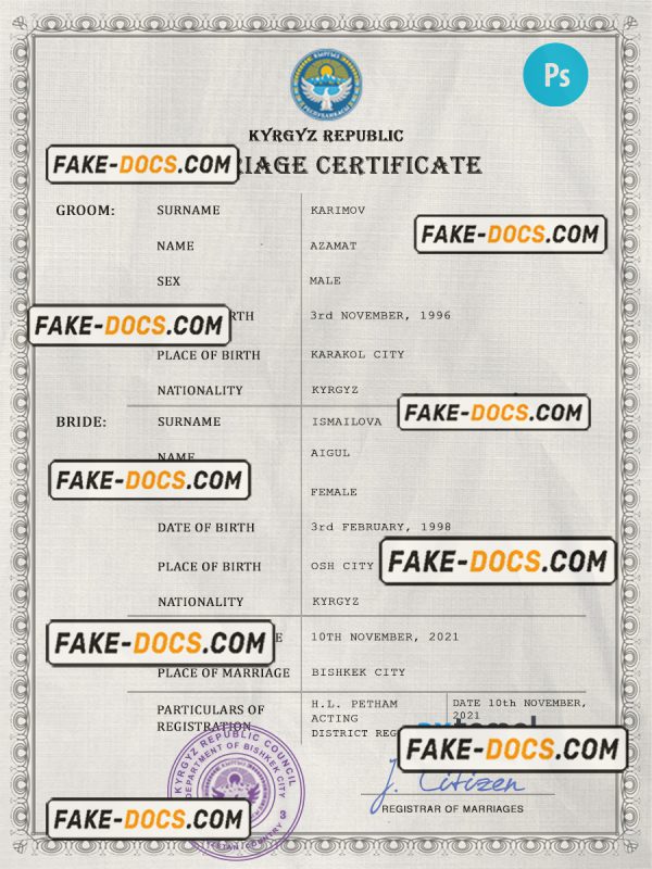 Kyrgyzstan marriage certificate PSD template, fully editable scan
