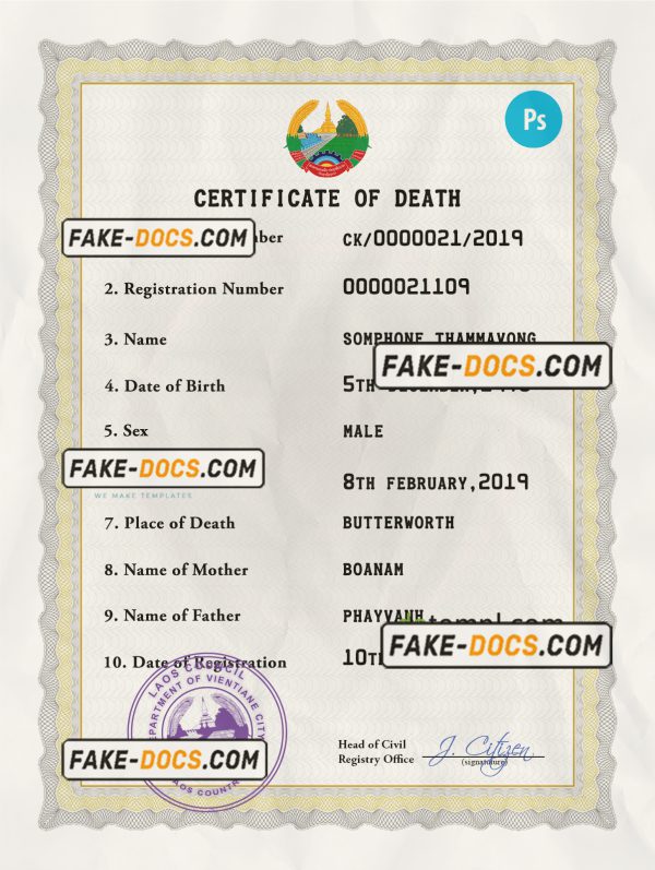 Laos vital record death certificate PSD template, fully editable scan