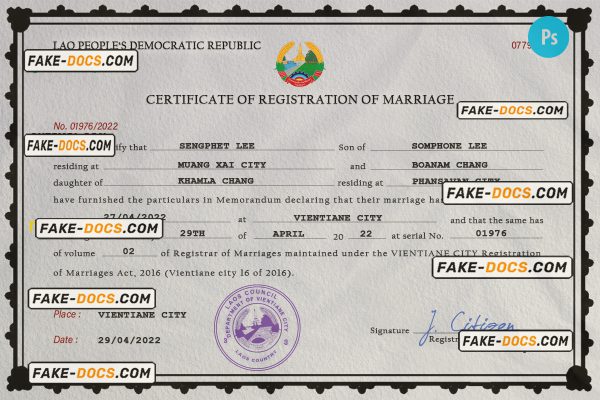 Laos marriage certificate PSD template, completely editable scan