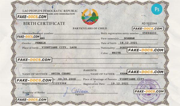 Laos birth certificate PSD template, completely editable scan