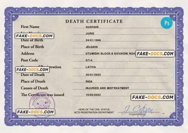 Latvia death certificate PSD template, completely editable scan
