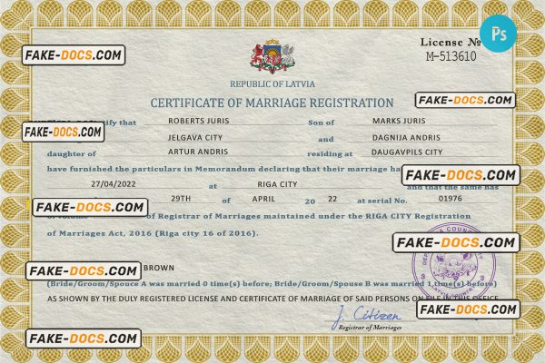 Latvia marriage certificate PSD template, fully editable scan