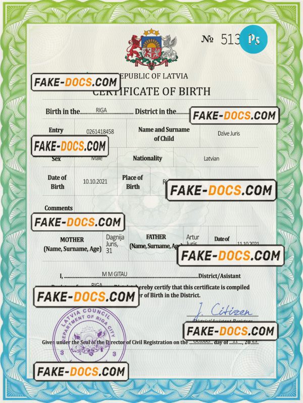 Latvia vital record birth certificate PSD template, fully editable scan