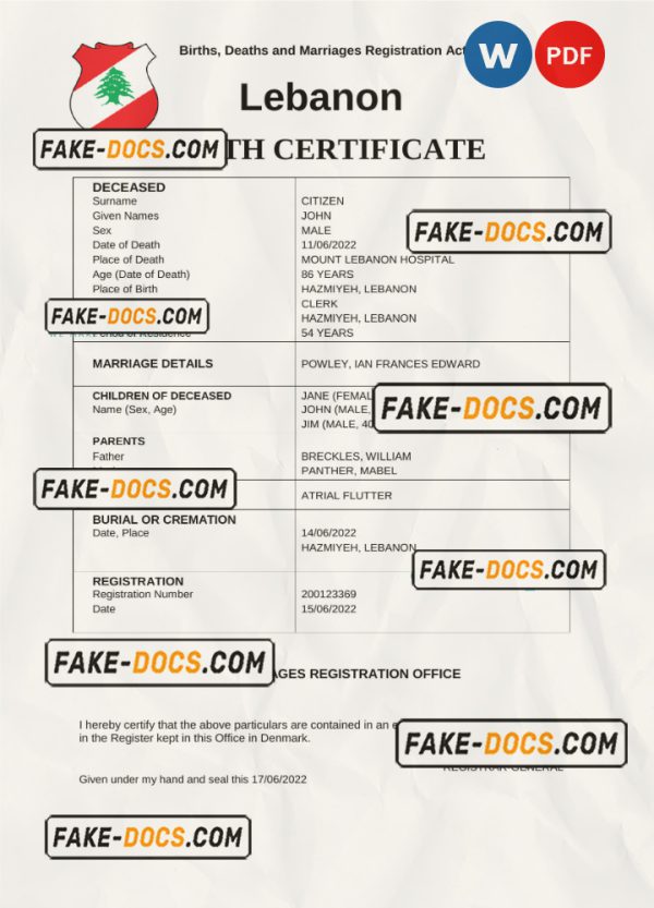 Lebanon death certificate Word and PDF template, completely editable scan