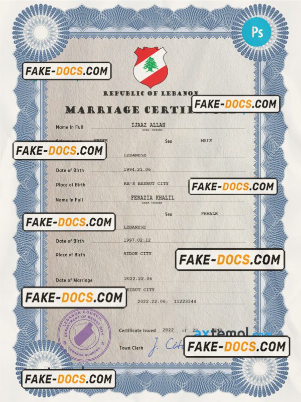 Lebanon marriage certificate PSD template, completely editable scan